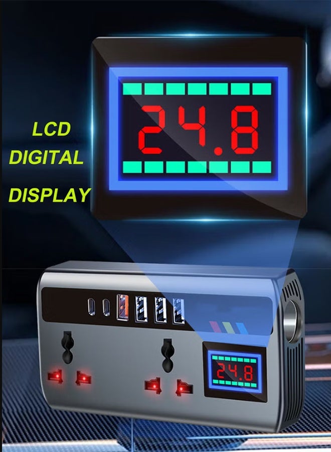 بكومور محول طاقة للسيارة بقدرة 200 واط، يحول التيار المستمر من 12 فولت/24 فولت إلى 220 فولت تيار متردد، مزود بمنافذ USB وType-C، وشاشة عرض جهد LCD، ومفتاح تشغيل مدمج، ومحول طاقة محمول متوافق مع السيارات والشاحنات. - Image 4